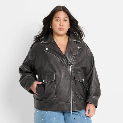 New - Women's Relaxed Leather Moto Jacket - Future Collective Black XXL
