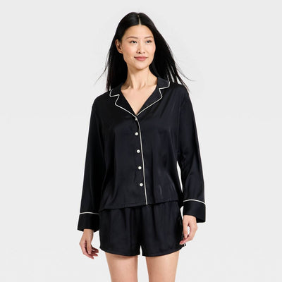 Open Box - Women's Luxury Collection Satin Notch Collar Long Sleeve Shirt and Shorts Pajama Set - Auden™ Black L