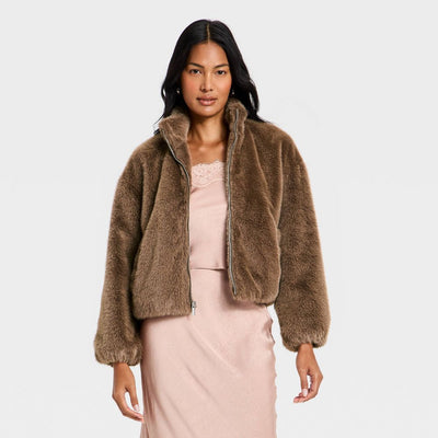 New - Women's Faux Fur Zip-Up Jacket - A New Day™ Brown XS