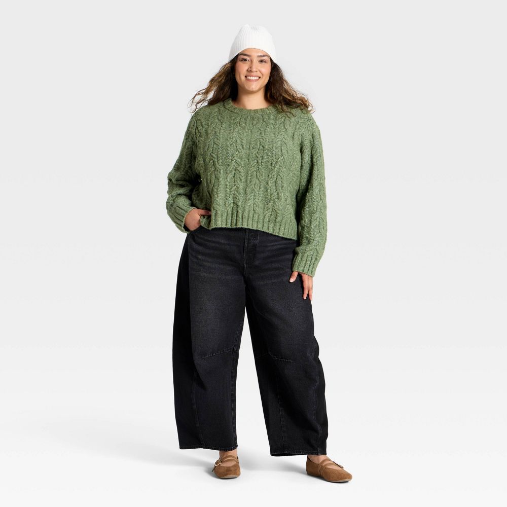 Open Box - Women's Cozy Cable Crewneck Pullover Sweater - Universal Thread™ Dark Green XXL