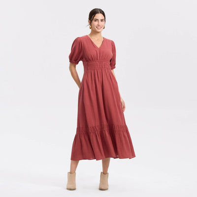 New - Women's Balloon Short Sleeve Maxi A-Line Dress - Universal Thread™ Red XS
