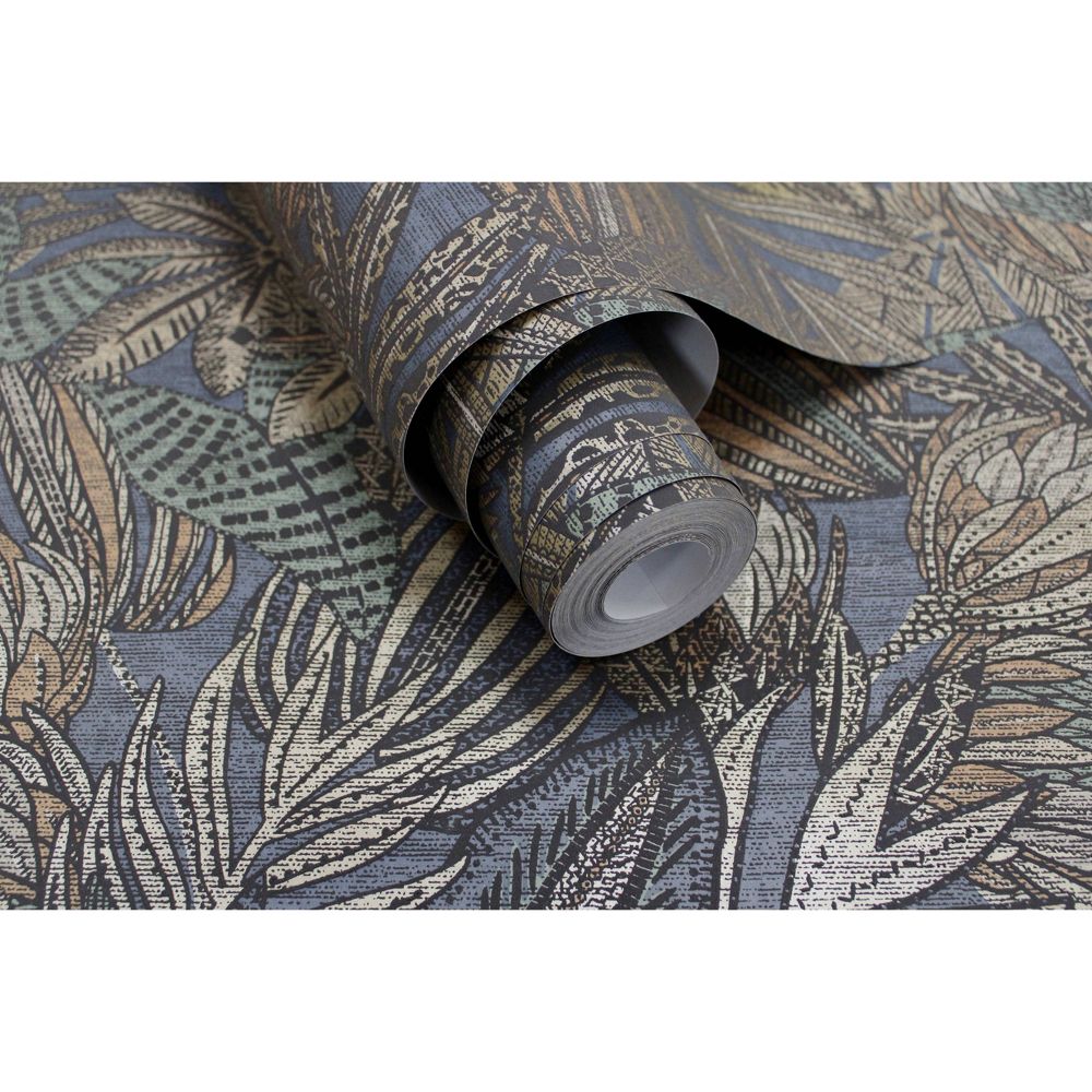 New - Holden Susara Tropical Navy Eco-Foam Wallpaper: Non-Pasted, Bohemian Floral, Strippable, Washable, Textured, 56 Sq Ft Coverage