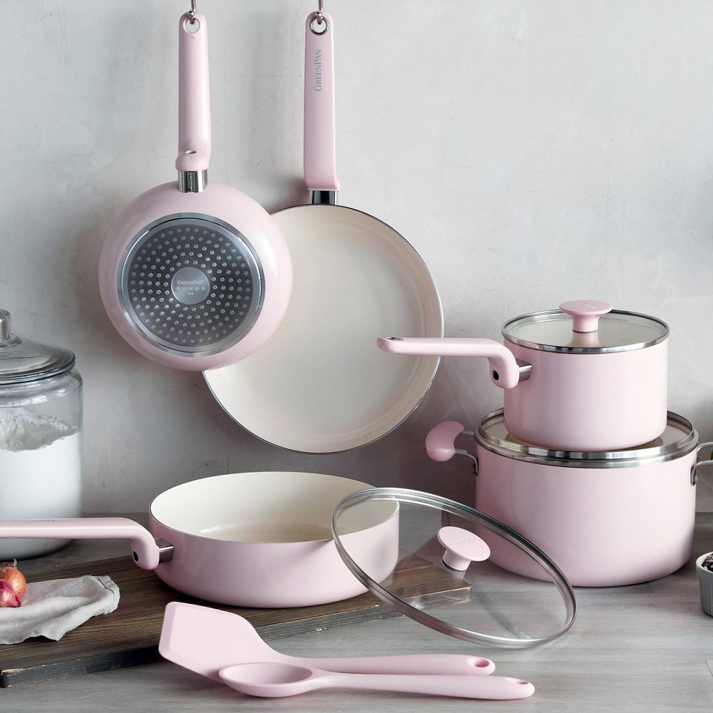 New - GreenPan Rio Advanced 10pc Ceramic Nonstick Cookware Set Pink