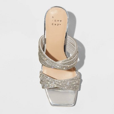 Open Box - A New Day Women's Chunky Block High Heels Sandals Strappy Wide Width Rhinestones A New DayBullseye Deals