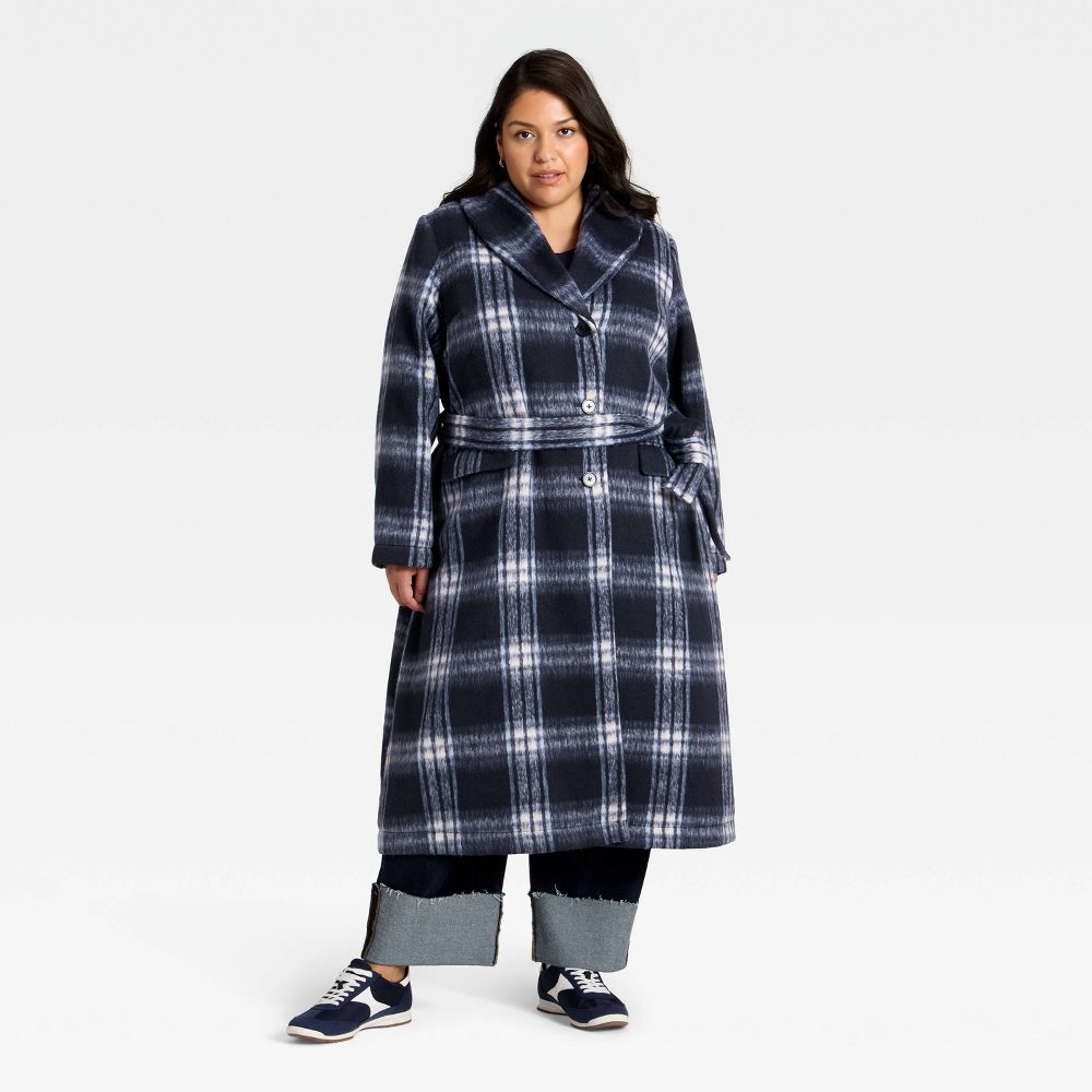 Open Box - Women's Belted Coat - Ava & Viv™ Navy Blue Plaid 1X