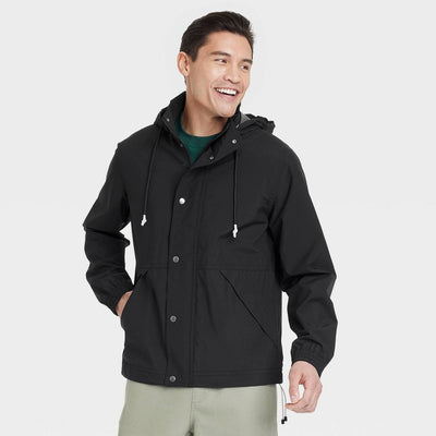 New - Men's Hooded Rain Coat - Goodfellow & Co™ Black L: Lightweight Wind-Resistant Ripstop, Elastic Banded Cuffs, Machine Washable