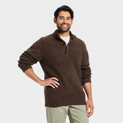 New - Men's Mock Neck Button Sweater - Goodfellow & Co™ Brown L
