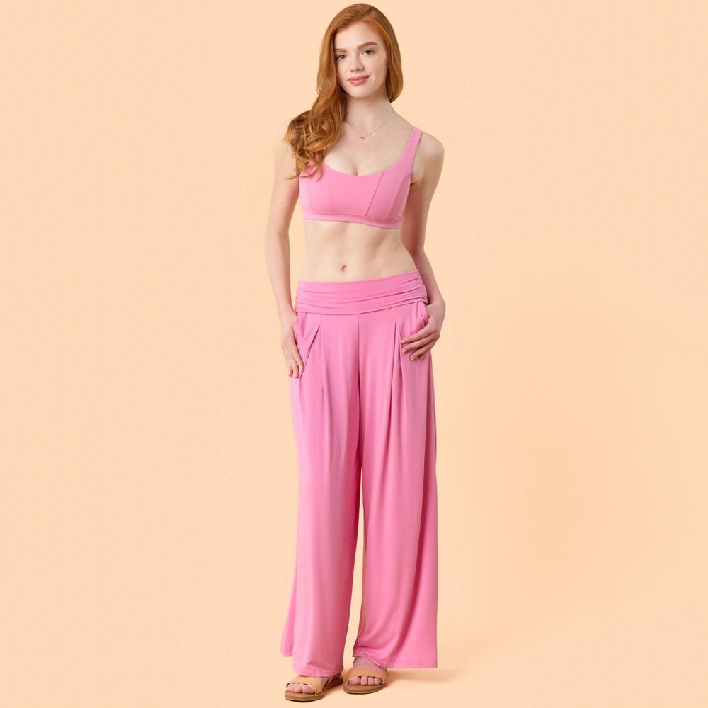 Open Box - Blogilates Women's Homebody Foldover Wide Leg Pants - Pink L