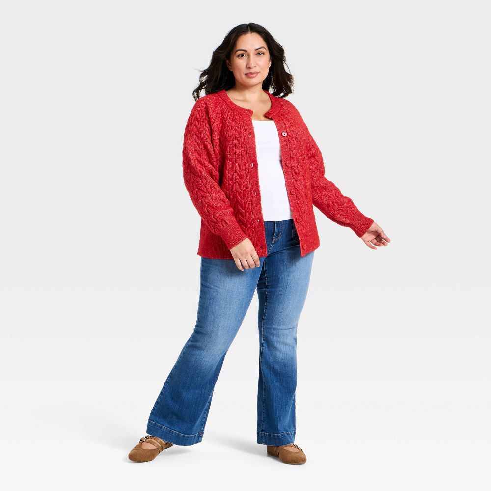 New - Women's Button-Front Cable Knit Cardigan Sweater - Ava & Viv™ Red XXL
