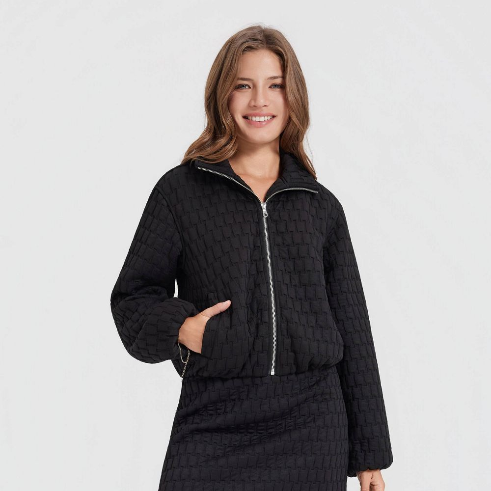 New - Women's Textured Jacquard Funnel-Neck Bomber Jacket - A New Day™ Black Basket Weave S