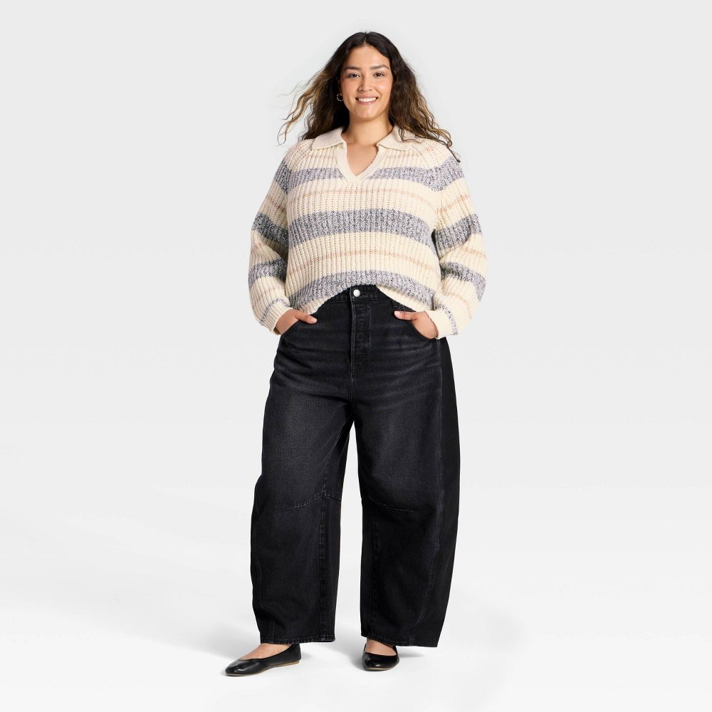 New - Women's Chunky Polo Collar Pullover Sweater - Universal Thread™ White/Navy Striped 1X