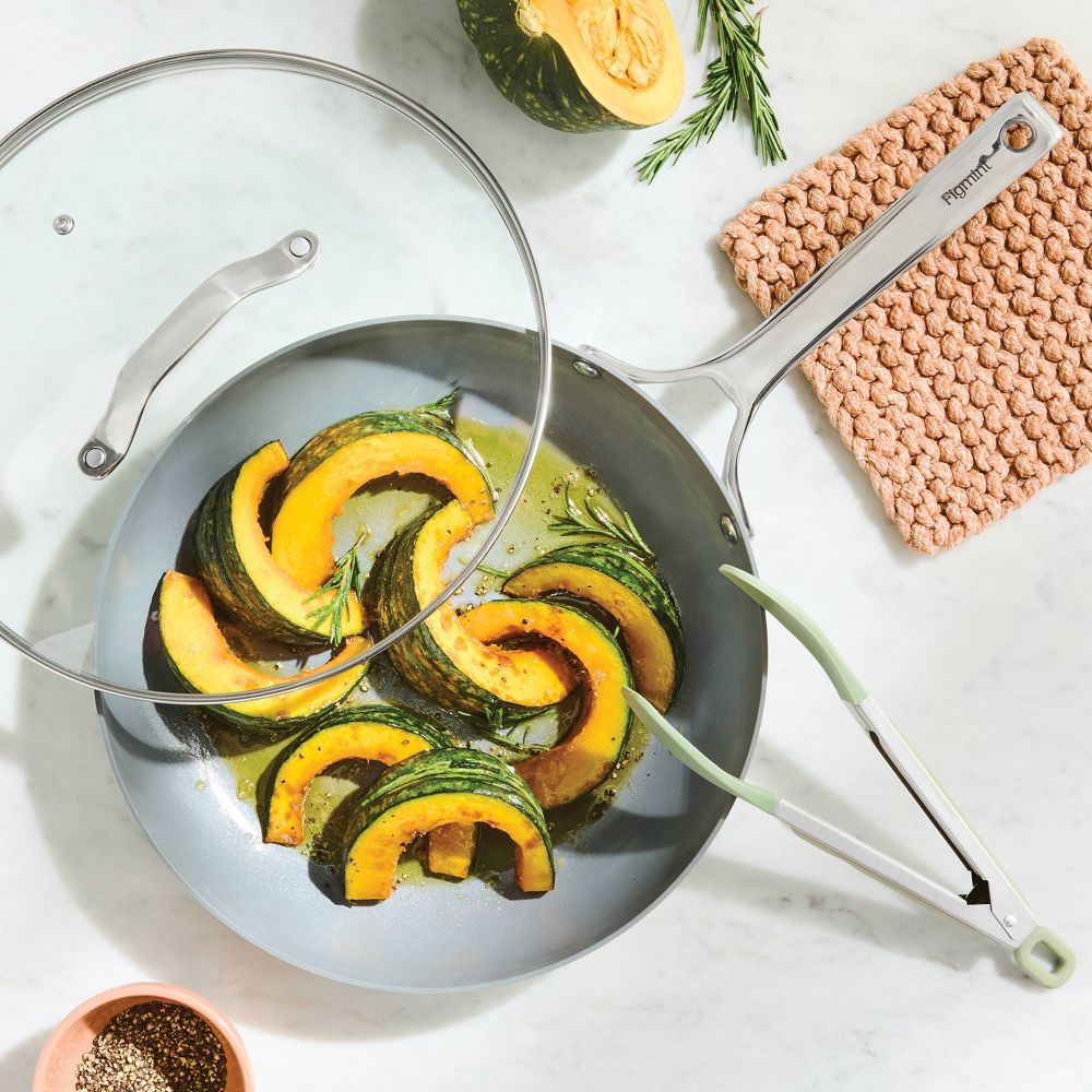 New - 12" Nonstick Ceramic Coated Aluminum Frying Pan with Cover Sage Green - Figmint™