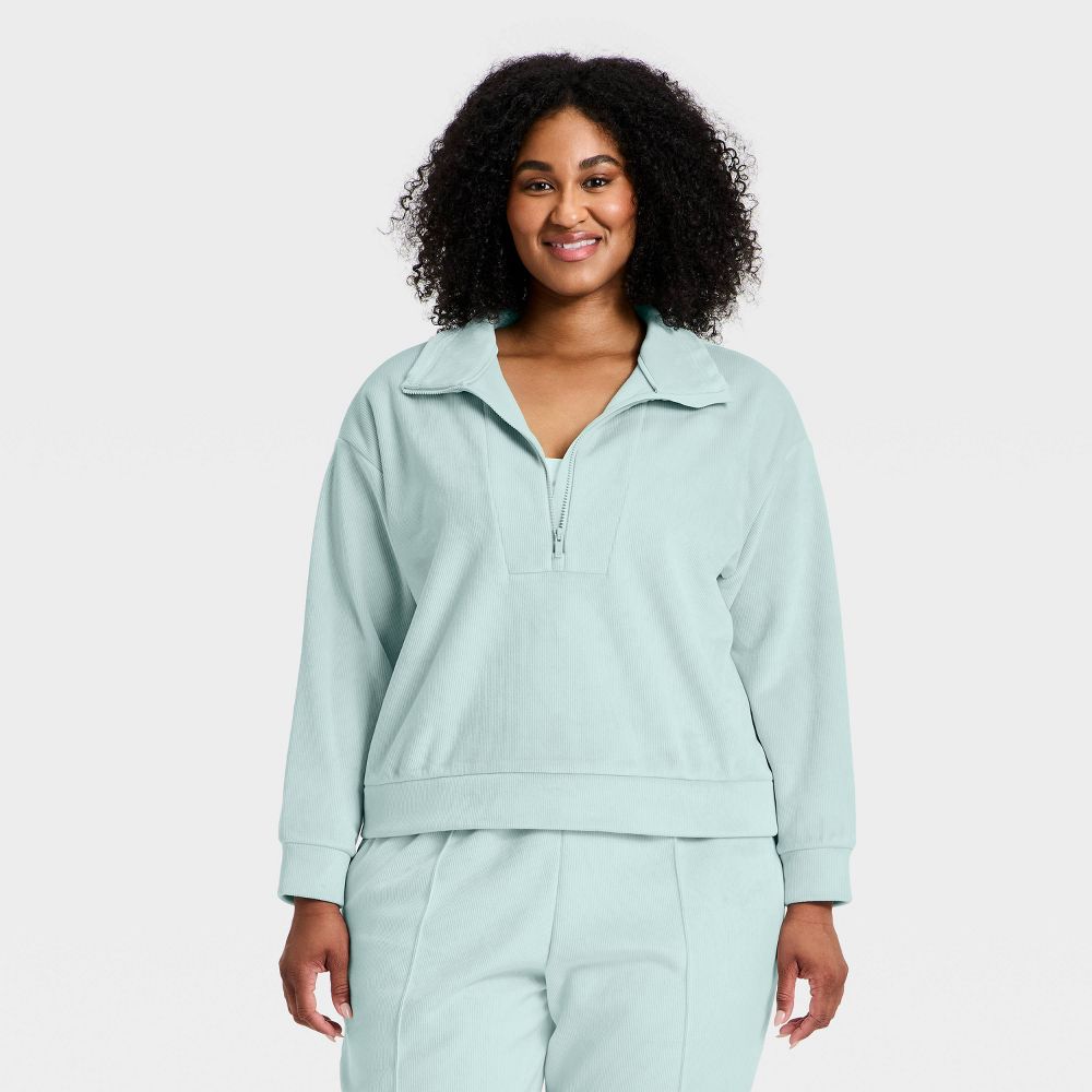 New - Women's Velour Ribbed 1/2 Zip Sweatshirt - All In Motion™ Light Aqua Blue 4X