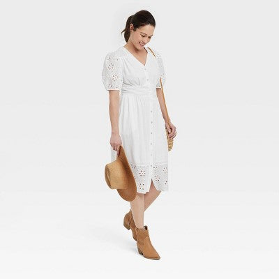 Knox Rose Women's Short Puff Sleeve Eyelet Midi Dress Smocked Waist Knox RoseBullseye Deals