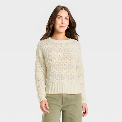 New - Women's Openwork Slub Crewneck Pullover Sweater - Universal Thread™ Cream Striped S