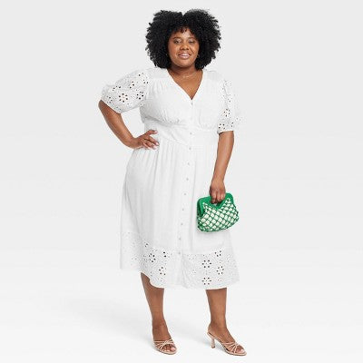 Knox Rose Women's Short Puff Sleeve Eyelet Midi Dress Smocked Waist Knox RoseBullseye Deals