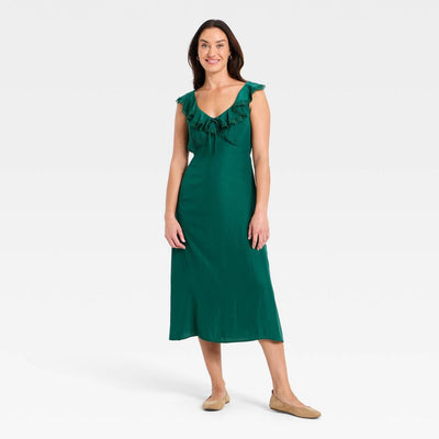 New - Women's Ruffle Lace Midi A-Line Dress - Universal Thread™ Dark Green XL