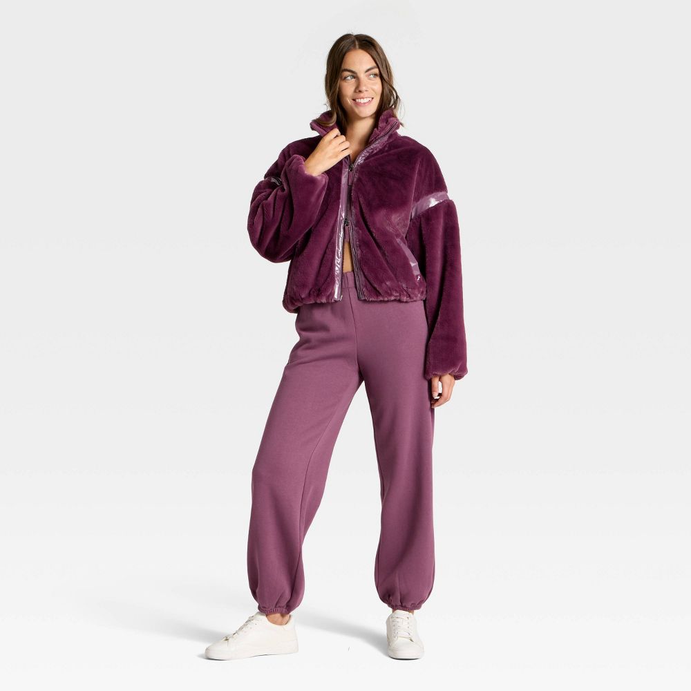 New - Women's Faux Fur PU Trim Jacket - JoyLab™ XS Plum Purple