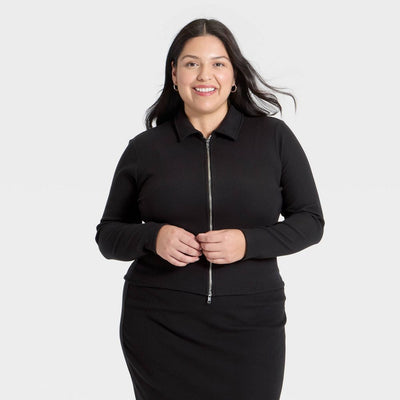 New - Women's Long Sleeve Brushed Ribbed Polo Zip-Up Jacket - A New Day™ Black XXL