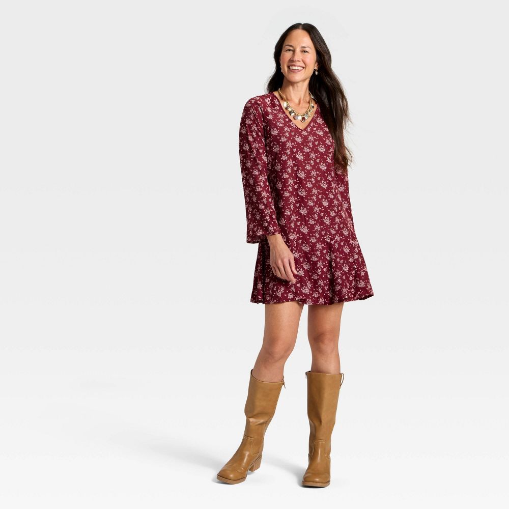 Open Box - Women's Bell Long Sleeve Godet Mini A-Line Dress - Universal Thread™ Burgundy Floral S