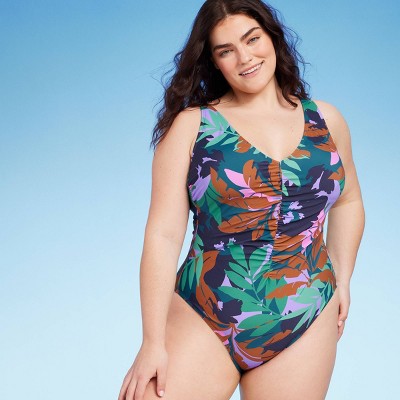 New - Shade & Shore Women's Plunge One Piece Swimsuit Shirred Bathing Suit Shade & ShoreBullseye Deals