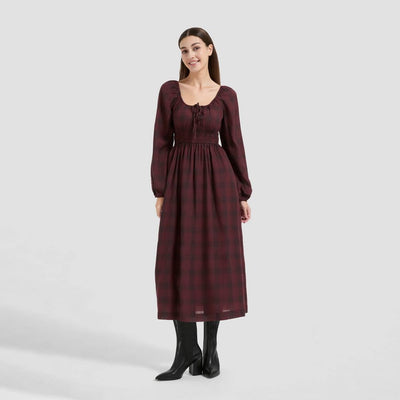New - Women's Long Sleeve Midi A-Line Dress - Universal Thread™ Rosewood Brown Plaid M