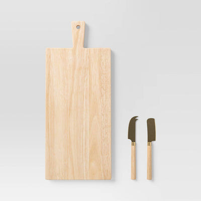 New - 3pc 19.35"x8" Rubberwood Rectangle Serving Board with Brass Cheese Tools Brown - Threshold™: Charcuterie Platter Set