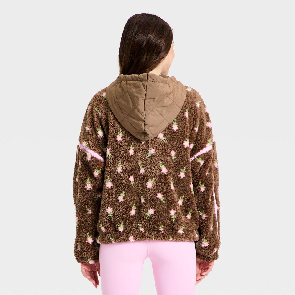 New - Women's Contrast High Pile 1/2 Zip Jacket - JoyLab™ Brown Floral S