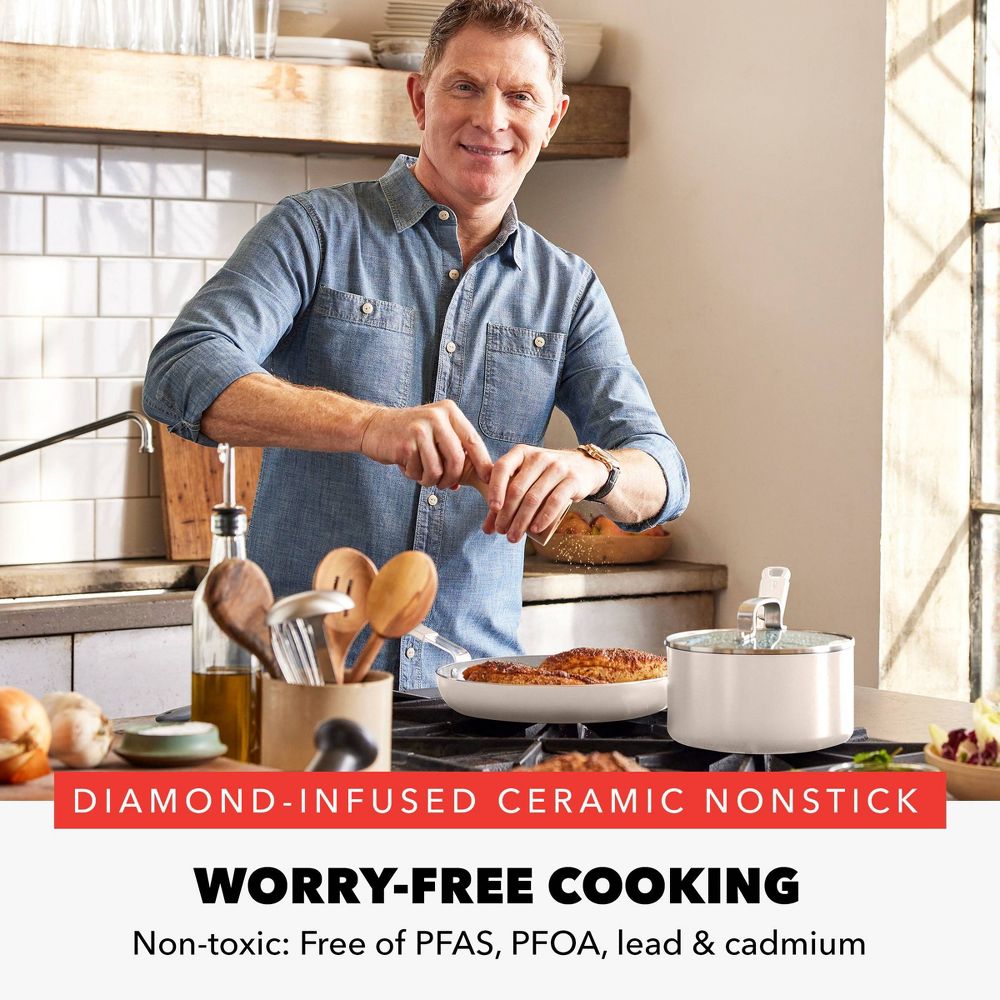 New - Bobby Flay 12pc Ceramic Nonstick Aluminum Cookware Set Cream