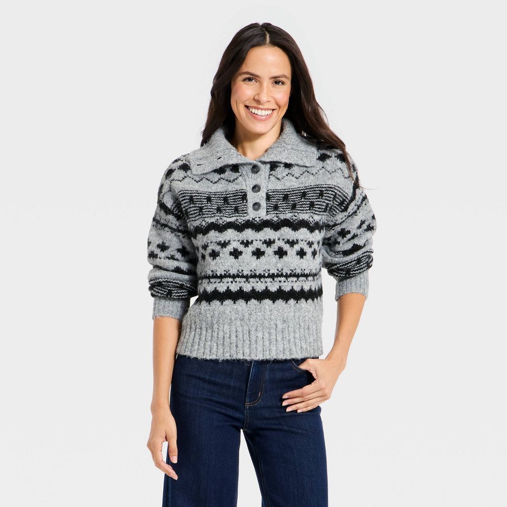 New - Women's Fairisle Henley Shawl Sweater - Universal Thread™ Dark Gray XS