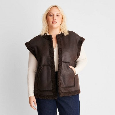 New - Future Collective Women's Plus Open Front Casual Faux Shearling Vest Future Collective with ReeseBullseye Deals