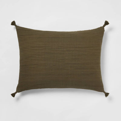 New - Standard Double Cloth Quilt Sham Olive - Threshold™: Cotton & Polyester, Jacquard Weave, Zipper Closure, No Flange