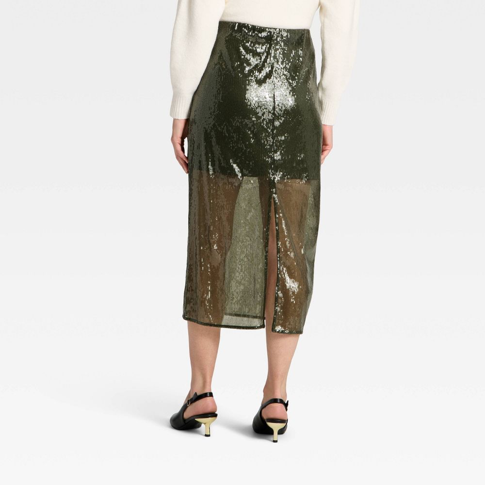 New - Women's Sequin Midi Skirt - A New Day™ Olive Green XL