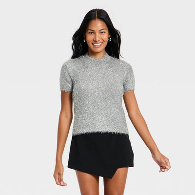 New - Women's Short Sleeve Round Neck Tinsel Sweater T-Shirt - A New Day™ Silver M