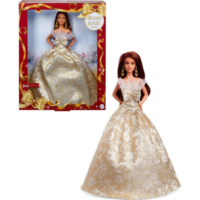 Open Box - Barbie Signature 2025 Holiday Barbie Fashion Doll, Seasonal Collector, Dark Brown Hair with Silver & Gold Gown