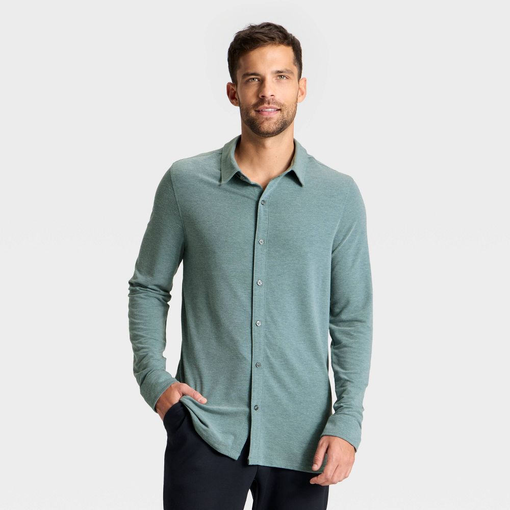 New - Men's Long Sleeve Knit Commuter Polo Shirt - All In Motion™ Teal Blue S