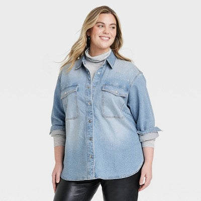 Women's Embellished Denim Shacket Universal ThreadBullseye Deals