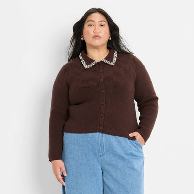 New - Women's Embellished Collar Cardigan Sweater - Future Collective Dark Brown 1X
