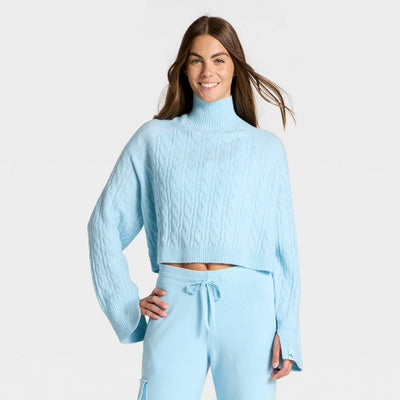 New - Women's Mock Neck Cable Knit Sweater - JoyLab™ Light Blue XS