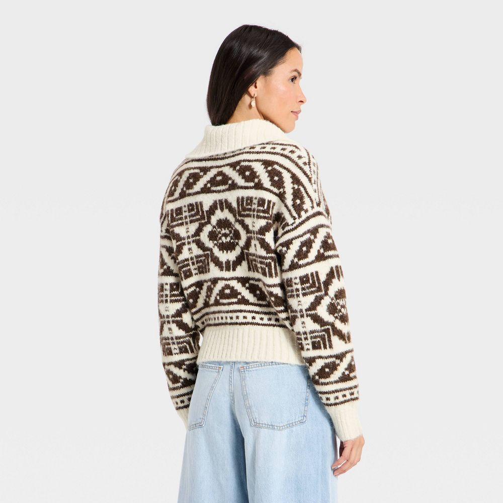 New - Women's Fairisle Henley Shawl Sweater - Universal Thread™ Brown S