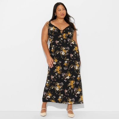 New - Women's Lace Trim Maxi Empire Waist Dress - Wild Fable™ Black Floral 2X