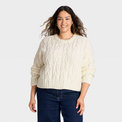 New - Women's Cozy Cable Crewneck Pullover Sweater - Universal Thread™ Cream XXL