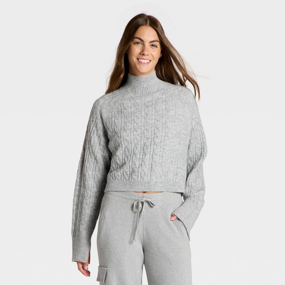 New - Women's Mock Neck Cable Knit Sweater - JoyLab™ Heathered Gray XS