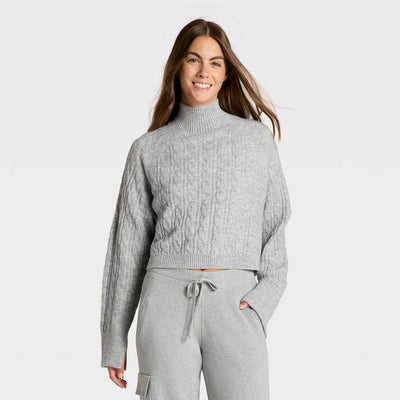New - Women's Mock Neck Cable Knit Sweater - JoyLab™ Heathered Gray XS
