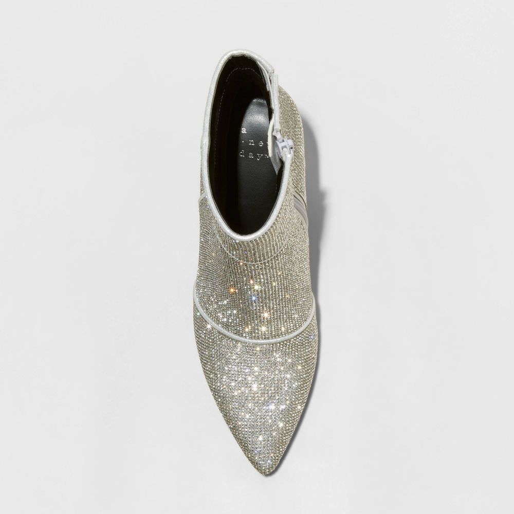 New - Women's Cailin Rhinestone Wide Width Ankle Boots - A New Day™ Silver 6W: Cushioned Insole, Block Heel