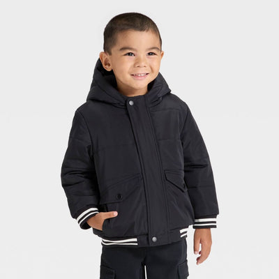 New - Baby Boys' Varsity Striped Heavyweight Puffer Jacket - Cat & Jack™ Black 18M