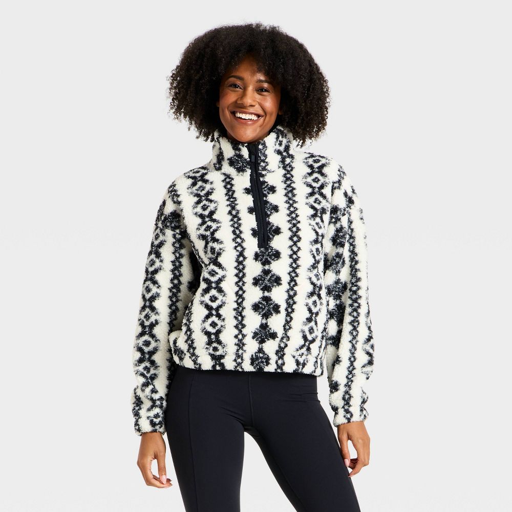 Open Box - Women's High Pile Fleece 1/2 Zip Pullover Jacket - All In Motion™ Cream/Black M
