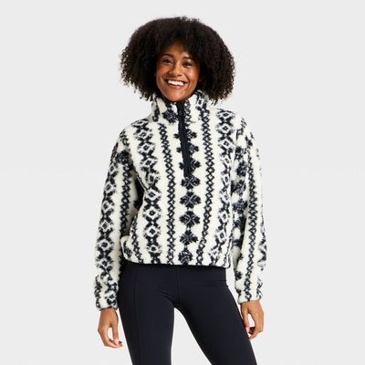 Open Box - Women's High Pile Fleece 1/2 Zip Pullover Jacket - All In Motion™ Cream/Black M