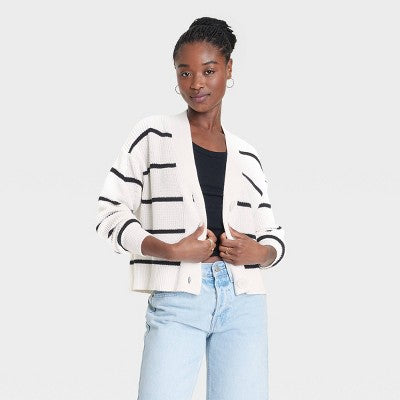 Open Box - Women's Button-Up Cardigan - Universal Thread Black/White Striped S Universal ThreadBullseye Deals