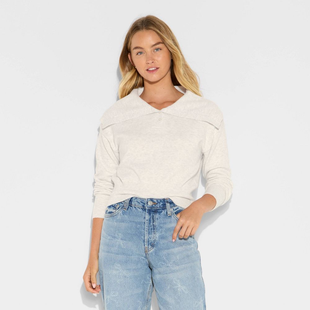 New - Women's Button-Down Collar Henley Sweater - Wild Fable™ Heather Gray XS